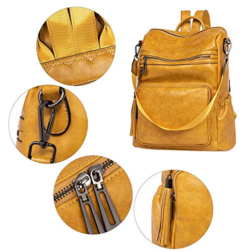 Image of Backpack Purse for Women Fashion Two Toned Leather Designer Travel Large Ladies Shoulder Bags with Tassel yellow