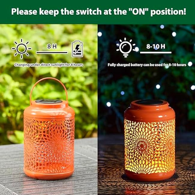 Glitzhome Solar Lantern Orange Metal Cutout Scrollwork Outdoor Hanging Solar Light with Handle for Garden Patio Yard Outdoor Decor