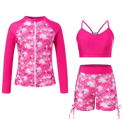 Image of Funnycokid Girls Swimsuit 3 Pieces Zip Rash Guard Bathing Suits Set Kids Bikini Boyshort Summer Swimwear 3-14 Years