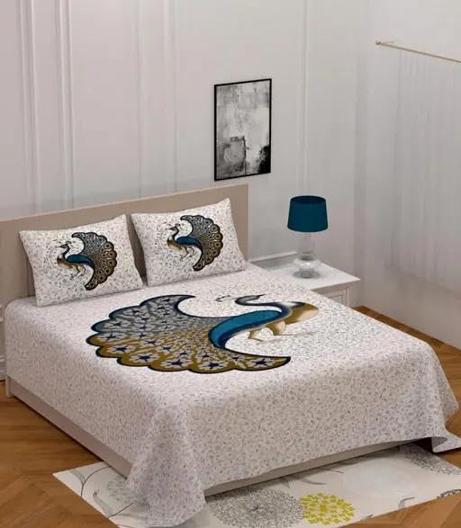 100% Pure Cotton Queen Size Bed Sheet with 2 Pillow Covers - Smooth & Cozy & Classic Home Linen - Gorgeous Jaipuri Print for Elegant Bedroom Décor (Queen Size)-image-34
