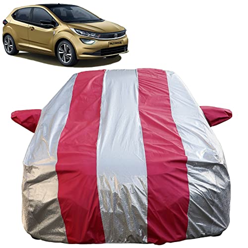Image of Autofact Waterproof Car Body Cover Compatible with Tata Altroz (2020 to 2022) with Mirror Pockets (Pink Stripes with Shinning Silver Fabric /Waterproof Cover)