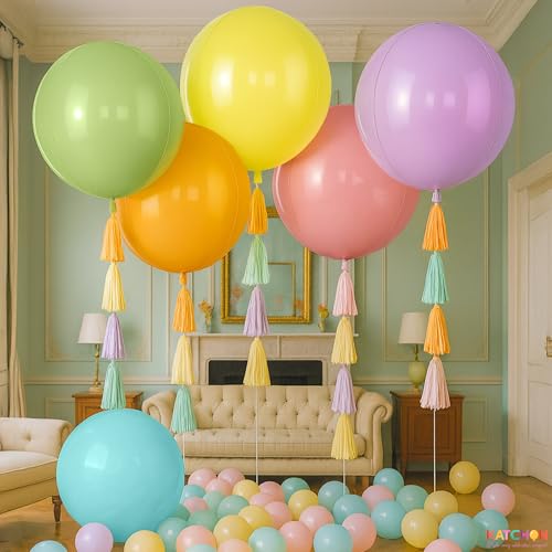 Image of KatchOn, Pastel Color Balloons - 22 Inch, Pack of 6 | Multicolor Giant 4D Round Balloons for Birthday, Baby Shower, Gender Reveal, Wedding | Rainbow Party Decorations | Pastel Party Decorations