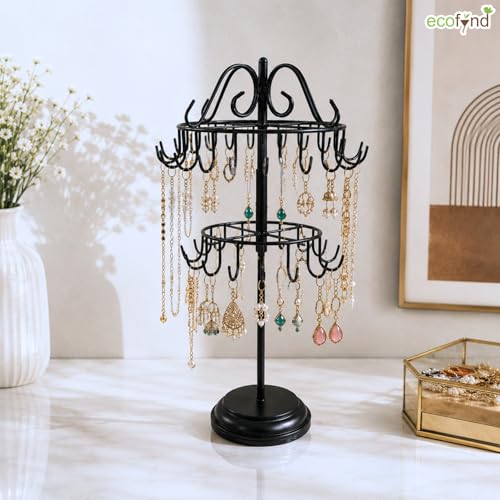 Image of ecofynd 2-Tier Metal Jewelry Organizer Stand with 40 Hooks, 360 Rotating 20-Inch Holder for Earrings, Necklaces, Bracelets & Rings, Space-Saving Display for Vanity & Dressing Table (Black, JS013)