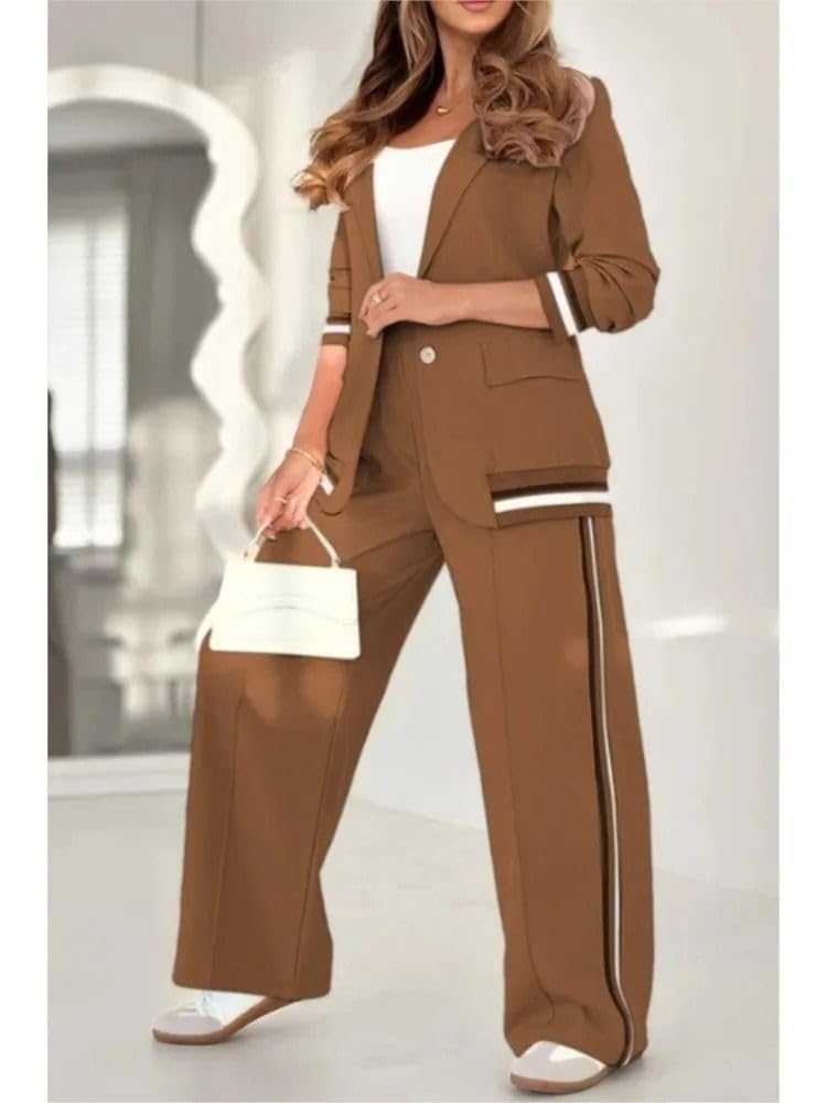 Conjunto de 2 Piezas para Mujer: Chaqueta y Pantalón Rayados con Parches, Atuendo Retro de Oficina