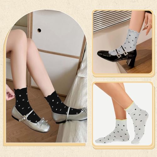 Image of ElevateTech 6 Pairs Ruffle Socks Women Cute Soft Breathable Cool Round Dot Frilly Sock Sports Non-Slip Elasticity Crew Socks One Size Girls Clothes Accessories Gifts