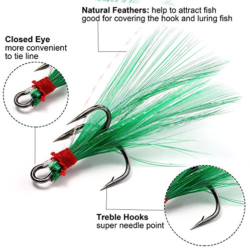 Fishing Round Bend Treble Hooks Black Nickel Hooks With Feather Dressed Fish Baits Tackle Accessory Size 6 50Pcs #TOP2