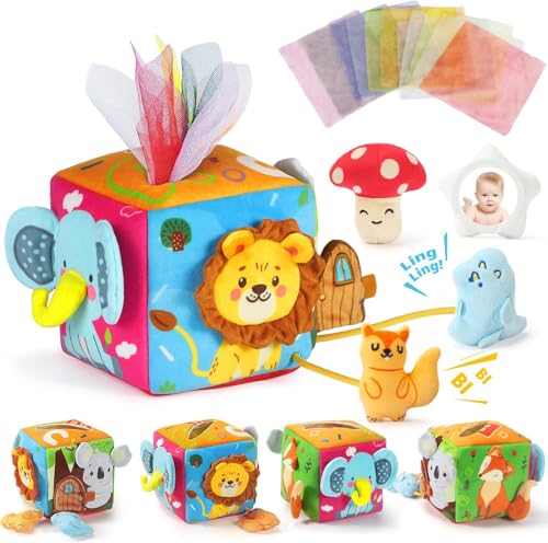 URMYWO Baby Toys 6 to12 Months with 4 Animal Rattle Toys Baby Mirror Crinkle Paper Squeaker Tissue Box Toys Gifts for Toddlers 0-3 Years Old Yellow
