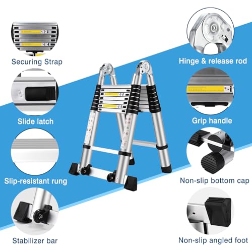 16.5 FT A Frame Telescoping Ladder, Adjustable Multi-Purpose Collapsible Extension w/Balance Bar & Wheels, Heavy Duty 330 lbs Max Capacity, Ideal for Home and Outdoor Work, Silver - Image 4