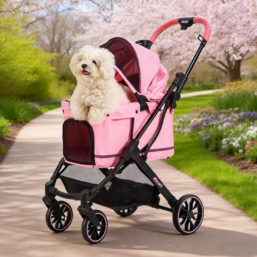 Kicari All-Terrain Dog Stroller for Small to Medium Dogs Pet Stroller for Dogs & Cats Outdoor Walks One-Hand Easy Fold Double-Layer Anti-UV & Waterproof Canopy & Breathable Mesh Sakura Pink
