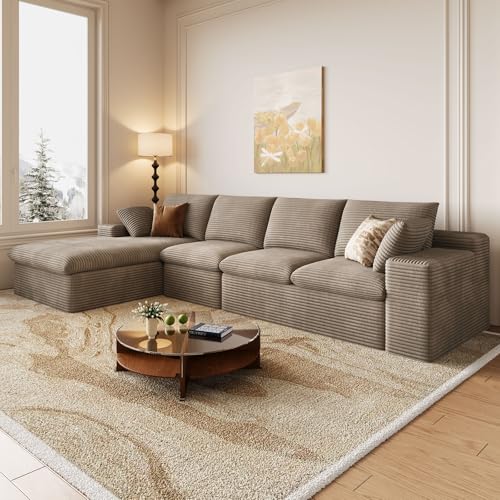 Image of 136 inch Cloud Couch Modular Sectional Sofa for Living Room, L-Shape Boneless Couch with Deep Seat, Modern Corduroy 4-Seater, No Assembly Required (Camel,Left-Facing Chaise)