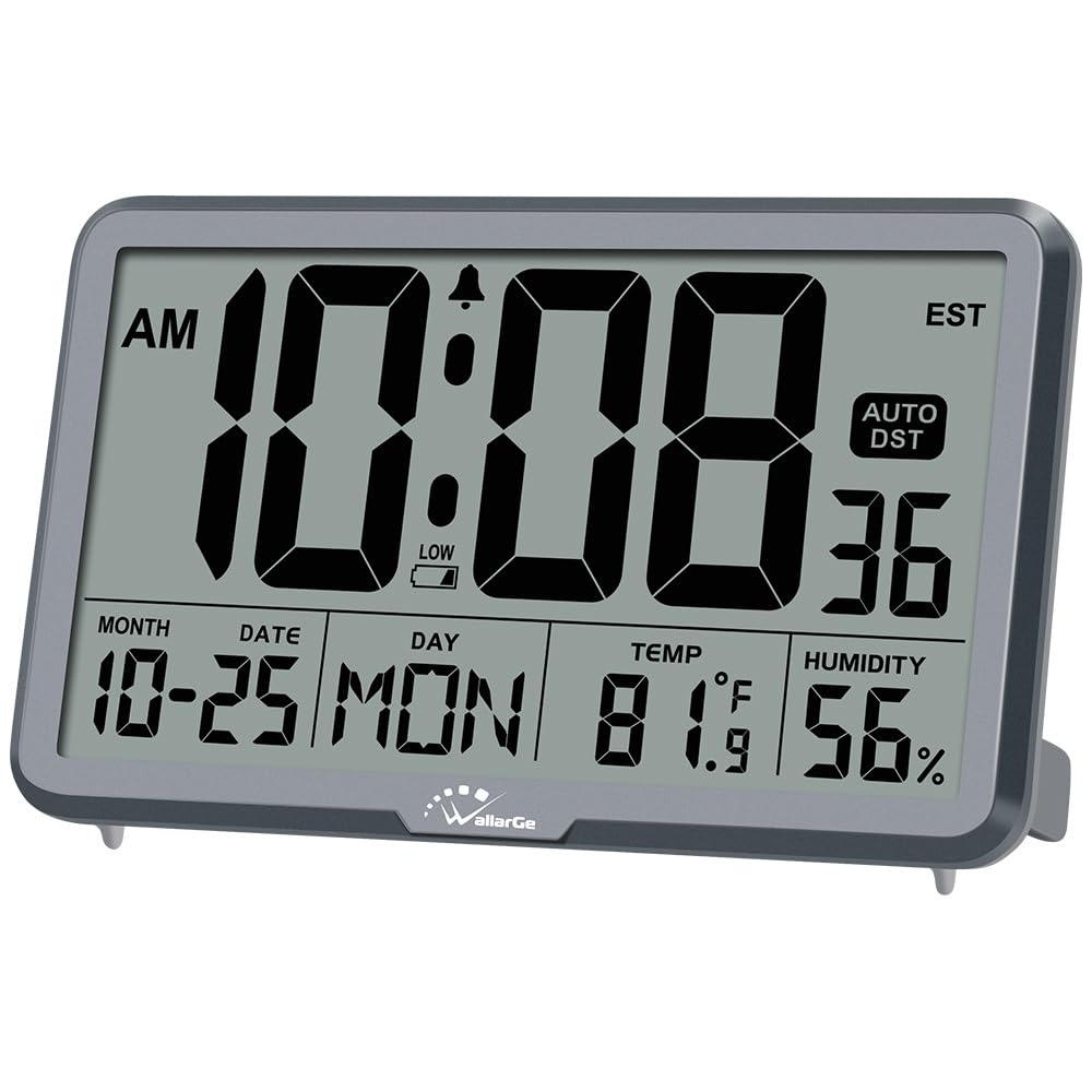 WallarGe Auto Set Digital Wall Clock Battery Operated, Desk Clocks with Temperature, Humidity and Date, Large Display Digital Calendar Alarm Clock for Elderly, Bedroom, Office, 8 Time Zone, Auto DST.