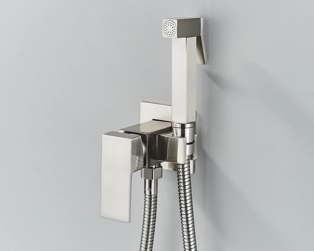 Zestaw głowicy natryskowej do WC bidet montaż ścienny nikiel szczotkowany mosiądz 1/2" | Odporna na korozję powierzchnia, montaż oszczędzający miejsce