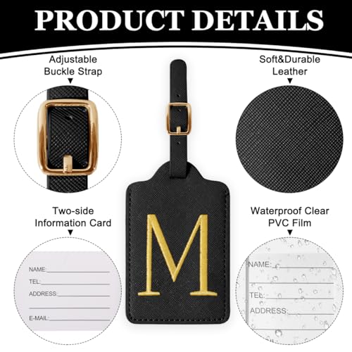 Personalized Initial Luggage Tags for Suitcases,Leather Letter Cute Luggage Tags with Privacy Name Card,Embroidered Monogrammed Travel Bag Backpack Tags Gifts for Women Kids Girls Teens(Black-M)3