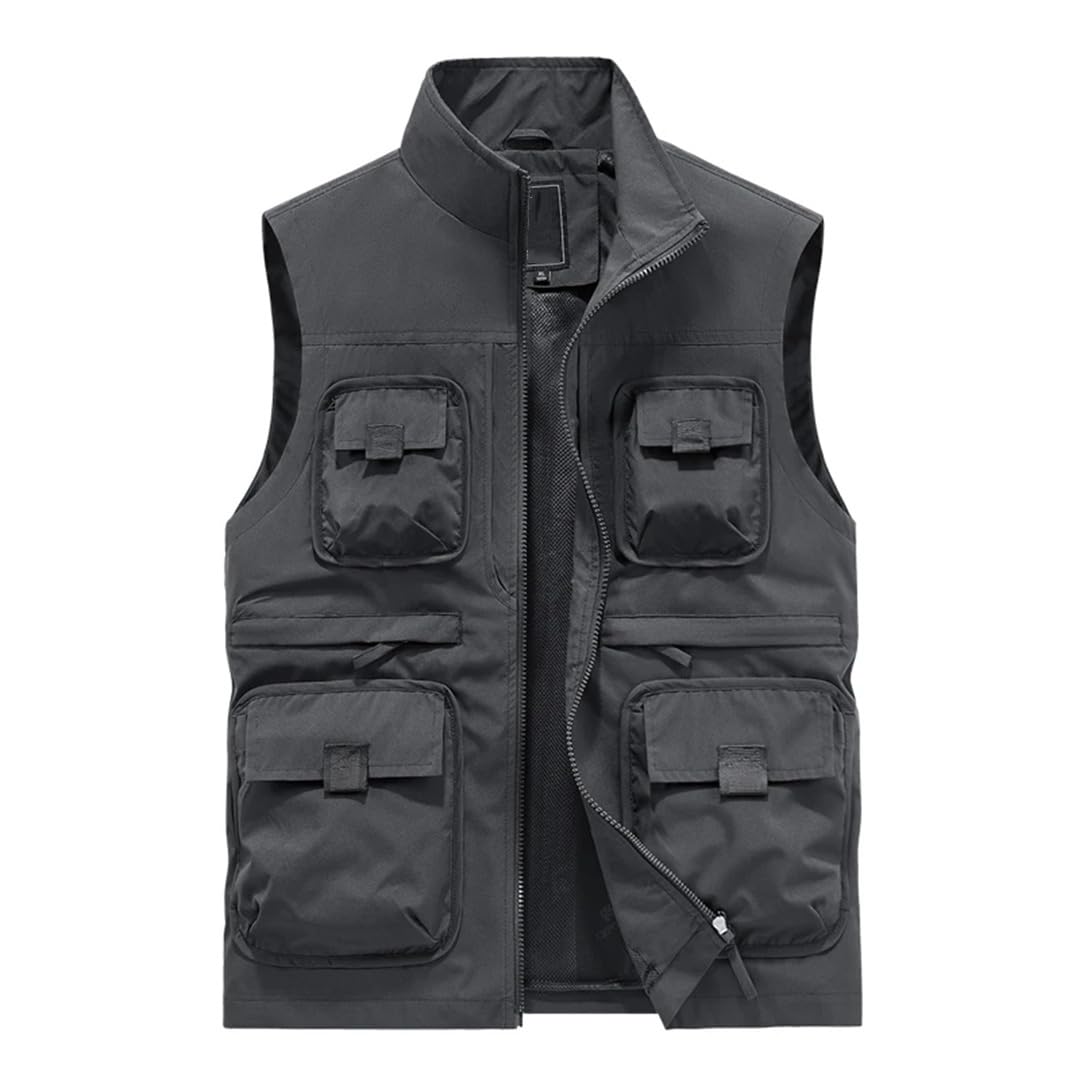 Gilet da uomo senza maniche per il tempo libero all'aperto con colletto in piedi molte tasche tinta unita sottile gilet