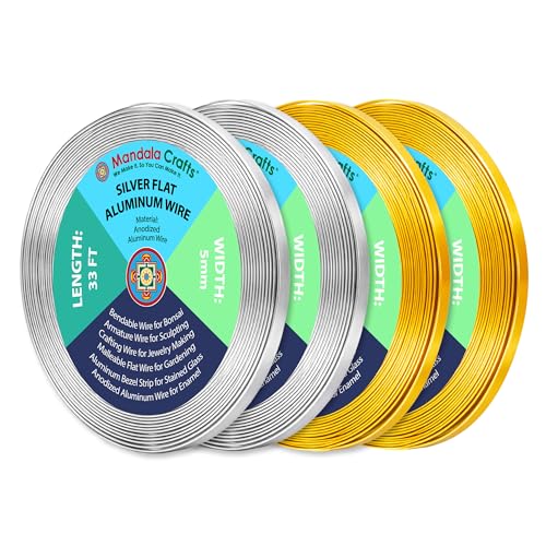 Image of Mandala Crafts 5mm Silver Tone & Gold Tone Flat Aluminum Wire for Sculpting | 132 FT, Anodized, Colored, Tarnish Resistant, Bendable, Flexible, for Jewelry Making, Bezel, Bonsai, Armature, Outdoor