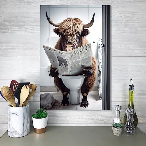 LZIMU Bathroom Highland Cow Wall Art Brown Cattle Sitting on Toilet Reading Newspaper Canvas Prints Funny Animals Posters Home Decor Framed (Bathroom-3 - Image 2