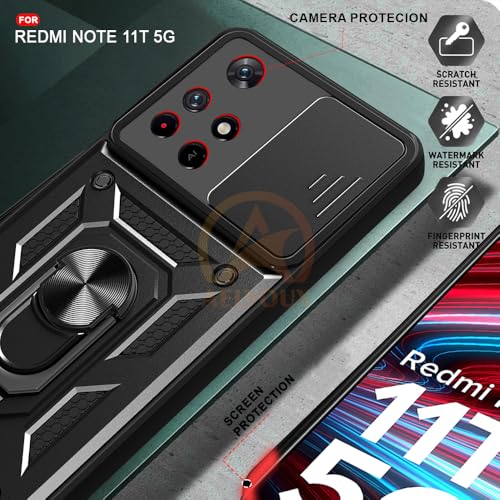 Image of Armor Bumper Back Cover Case for Redmi Note 11T 5G / Poco M4 Pro 5G Rotating Camera Cover, Ring Holder & Kickstand | Heavy Duty & 360 Degree Protection Back Cover (Black)