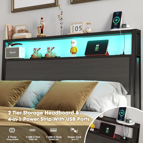 Image of Queen Size Bed Frame with Headboard, Metal Platform Bed Frame with LED Lights & Charging Station, Under Bed Storage, Solid and Stable, No Box Spring Needed, Noise Free, Easy Assembly, Dark Grey