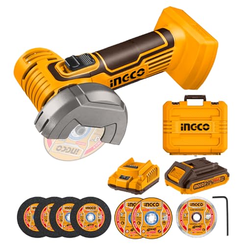 INGCO 20V Cordless Mini Angle Grinder 19500RPM 76mm Disc Diameter Mini Cutter Cut-Off Tool M6 with 1Pcs 2.0Ah Battery and Charger for Cutting Polishing and Sharpening CAGLI76012