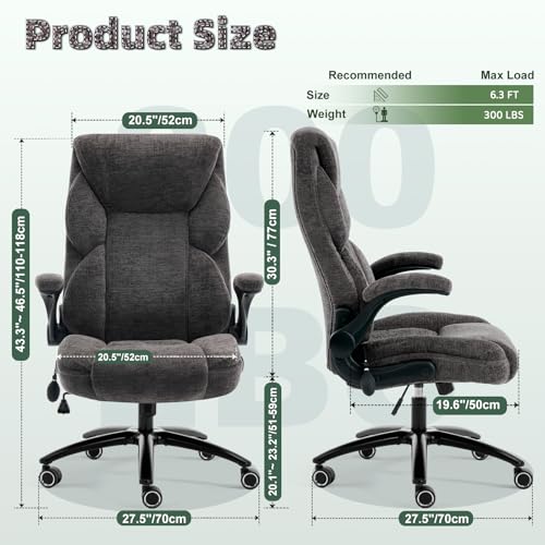 Image of Fabric Office Chair with Inflatable Lumbar Support, Executive Ergonomic Desk Chairs with Flip Arms, High Back Cloth Computer Chair Rocking Function, Heavy Duty Metal Base 300 lbs Capacity| Grey