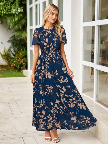 Image of Simplee Womens Casual Floral Summer Maxi Dress 2026 Boho Flowy Short Sleeve Crew Neck Vacation Smocked Chiffon Dresses