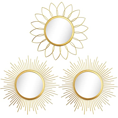 3 Pack Gold Mirrors For Wall Metal Sunburst Wall Mirrors Home Décor Decorative Hanging Wall Art For Living Room Bedroom Entryway (16 In, Gold) #TOP18