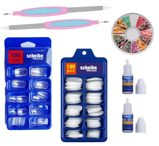 100 pcs Transparent Nails, 100 pcs White Nails, 2 pcs Nail Glue, 1 pc Nail Art Wheel and 2 pcs Nail Filer Combo