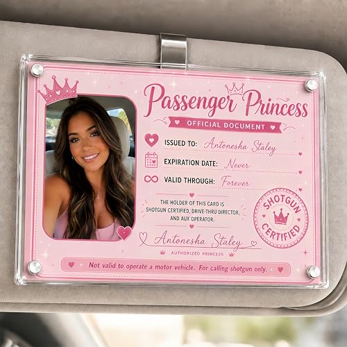 Passenger Princess Visor Clip License Personalized Passenger Princess ID Card with Photo and Name Custom Car Visor Photo Clip Pink Funny Car Accessories Gift for Girlfriend Women (Design B)