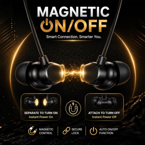 Image of Kratos Black Bluetooth Neckband with 55H Playtime, Deep Bass, Stereo Sound, HD Calls, Magnetic Earbuds, Voice Assistant, Type-C Fast Charging, Rich Audio, Hollow Switch for Comfort & Style