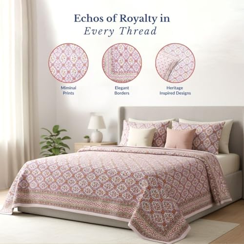 Image of Jaipur Weaves Jaipuri Double Bed Cotton Bedsheet Queen Size 90x85, 120 TC 100% Pure Cotton Bed Sheet with 2 Pillow Covers, Floral Traditional Print (Pink Jaal, Double)