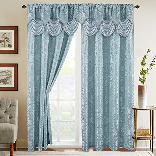Elegant Comfort Jacquard Look Curtain Panel Set including Attached Waterfall Valance, (Set of 2), 54 x 84 Inches, Light Blue