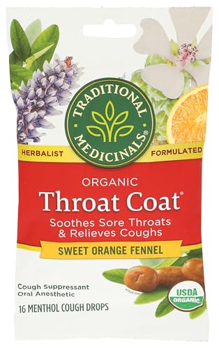 Image of Traditional Medicinals Organic, Throat Coat Lozenges, Sweet Orange with Menthol - Herbal Cough Drops, Helps Soothe Sore Throat & Relieve Cough - Non-GMO, Stimulant-Free - 16 Count