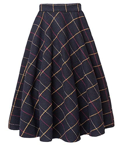 Femiserah Women's Winter Plaid Wool Skirt Long A Line Wool Skirt (Waist 30.31