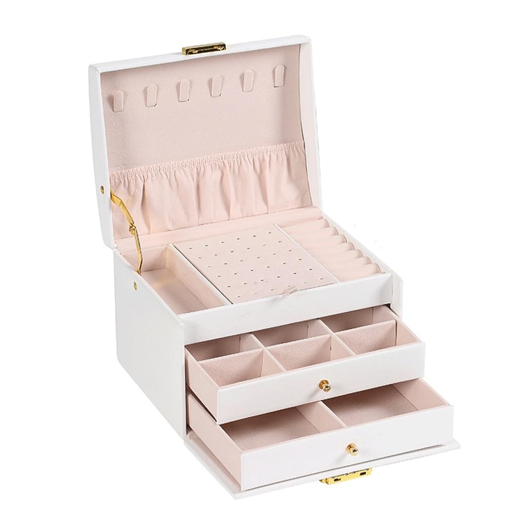 FMURY - Joyero multifuncional de tres capas de cuero con cajón para aretes, aretes, caja de joyería (un color)