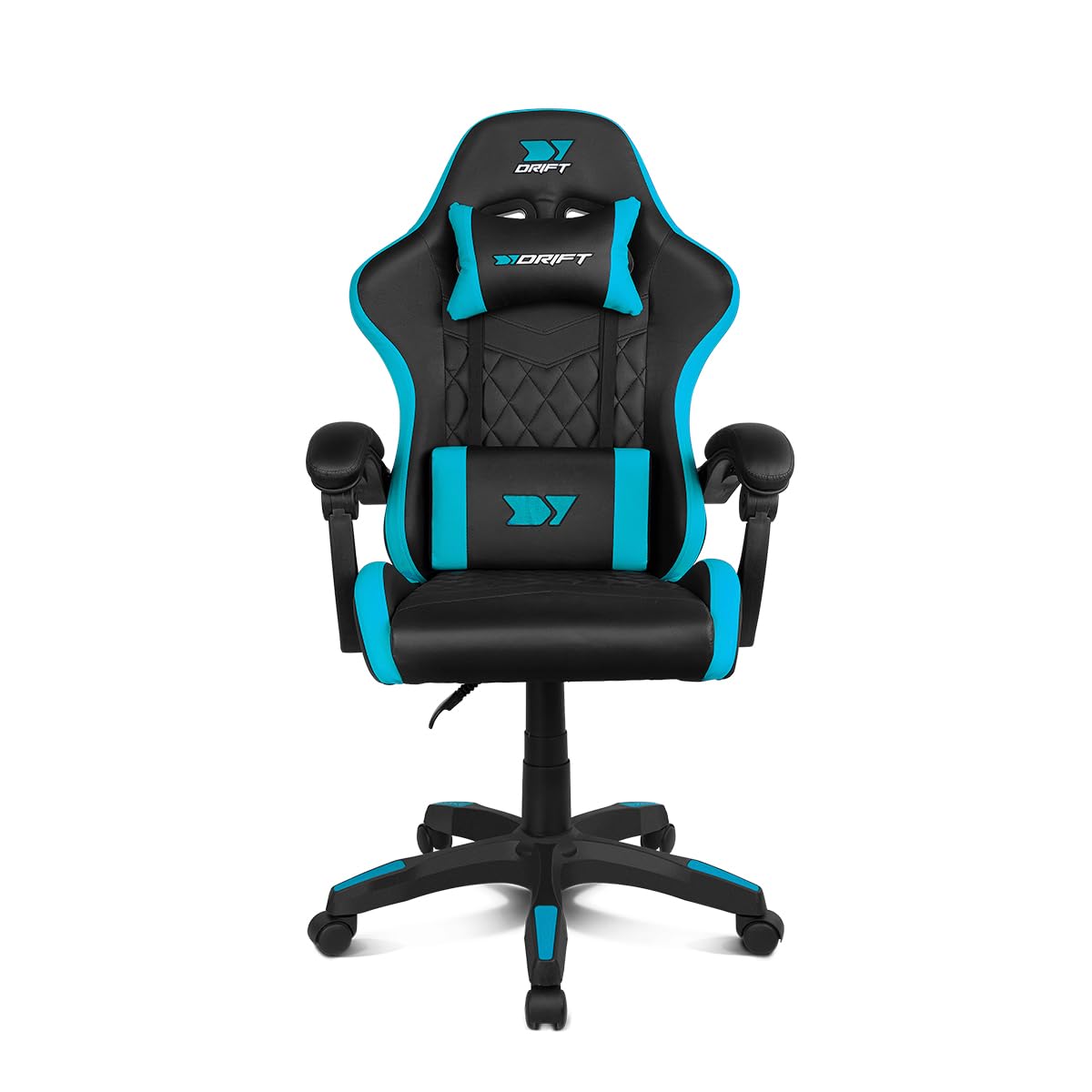 DRIFT GAMING DR35 – Profesjonalny ergonomiczny fotel gamingowy z podparciem lędźwiowym i regulowanymi podłokietnikami 2D, odchylany 135°, ciche koła, tapicerka ze skóry syntetycznej, Czarny/Niebieski