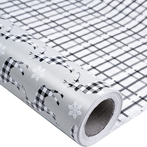 LeZakaa Christmas Wrapping Paper Jumbo Roll, Buffalo Plaid Reindeer & Modern Plaid Reversible Design for Festive Winter Holiday, Family Gathering, 24 inches x 100 Feet