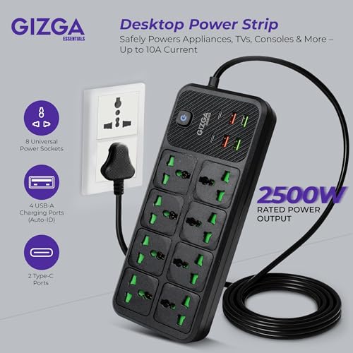 Image of Gizga essentials Power Extension Board with 8 Universal Sockets, 4 USB & 2 Type C Port| Socket with 2M Cord, Surge Protector, Child Safety, Anti-Flaming Body, 10A Output, 250V Multi Plug Adapter