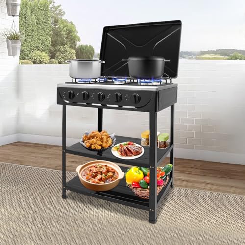 WFIETN Hornillo de gas con 5 fuegos, independiente, portátil, cocina de gas natural, cocina de gas natural, rectangular, con soporte antideslizante para actividades al aire libre (negro)