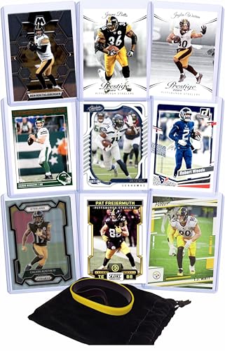 Pittsburgh Steelers Cards: Aaron Rodgers, Jaylen Warren, Pat Freiermuth, DK Metcalf, Calvin Austin III, Robert Woods, Ben Roethlisberger, T.J. Watt, Jerome Bettis ASSORTED Football Stars & GOATs Trading Card & Wristbands Gift Pack