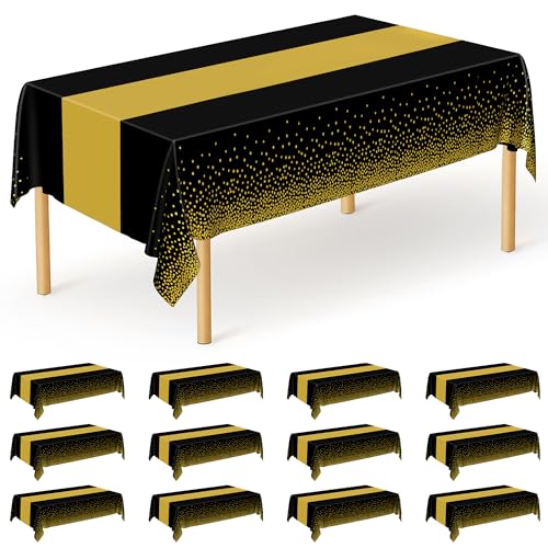 Image of QZYL 12Pack Plastic Table Cloth Disposable, 54 inch x 108 inch Waterproof Black Table Cloths with Gold Dots, Outdoor Tablecloth for Rectangle, Table Cloth Cover for New Years Eve Decorations Holiday Birthday