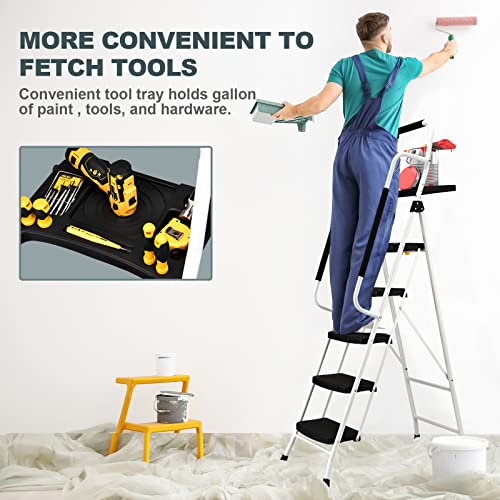 image for SocTone 5 Step Ladder with Handrails, Folding Step Stool with Tool Pla