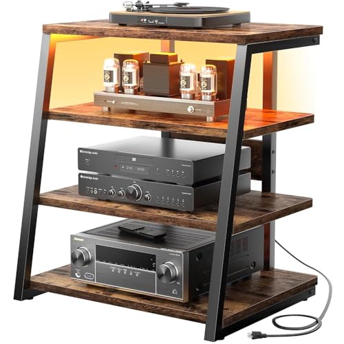 iSunirm HiFi Stand AV Media Stand with Outlets 4-Tier Media Console with LED Lights Record Player Stand With Storage Shelves Stereo Racks and Stands Media Audio Tower Cabinet Brown