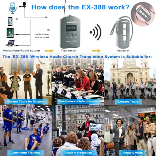Sistema inalámbrico para guías turísticos EXMAX EX-388 con transmisión de voz para enseñanza escolar, conferencias, iglesias, seminarios, charlas y exposiciones (1 transmisor) miniatura 2