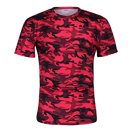 Men's Camouflage Short Sleeve Casual Vintage Camo Athletic Shirts Sports Fitness Crewneck T-Shirts (Red,Large) #TOP24