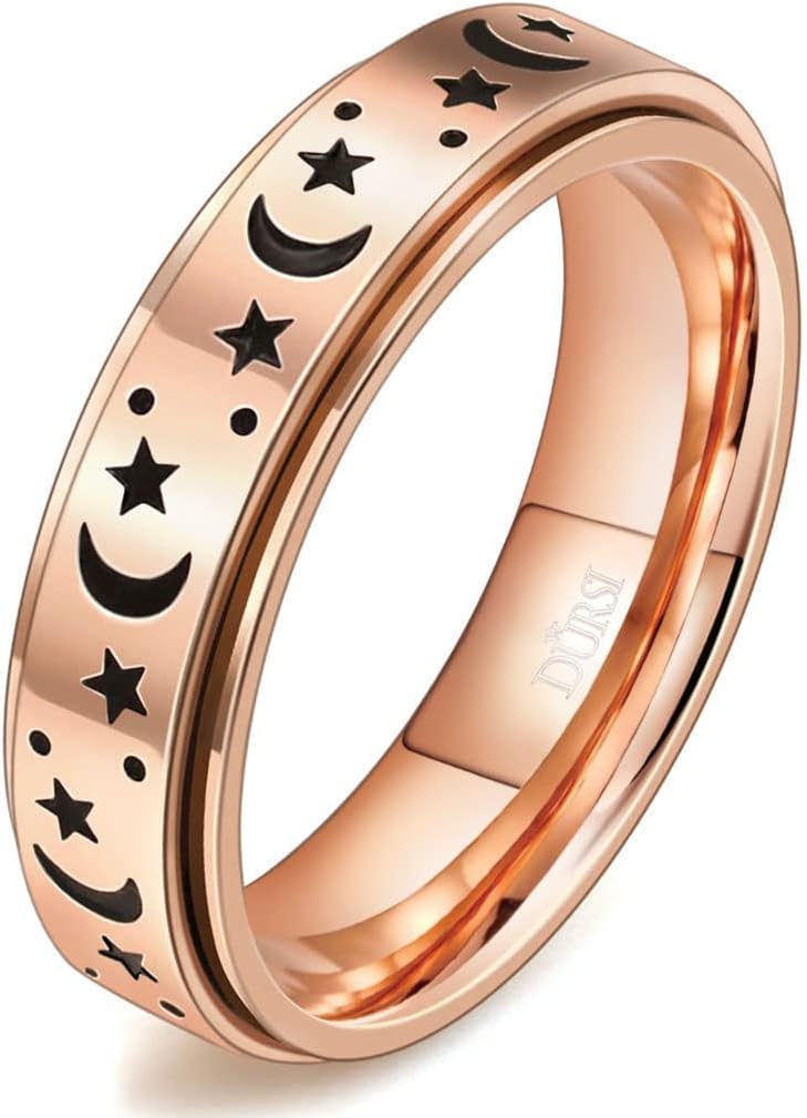 Moon Star Spinner Fidget Ring for Anxiety Women Men Worry Rings for Girls Boys Kids Stainless Steel Engagement Wedding Promise Band