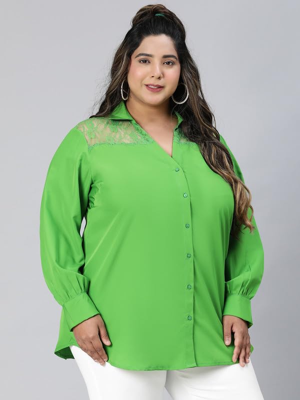 Image of oxolloxo Women Plus Size lace Detailed Collared Long Sleeve Shirt