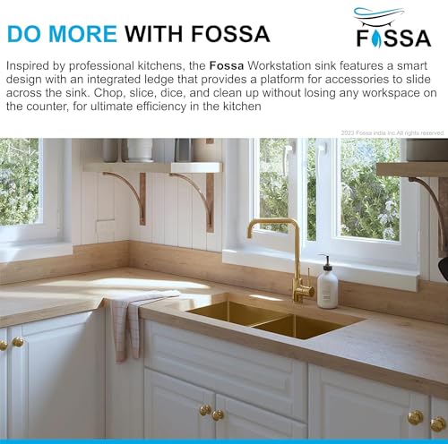 Image of Fossa 45x20x10 Inch Handmade Double Bowl Kitchen Sink | Premium Stainless Steel Sink with Waste Coupling, PVC Waste Pipe & Fruit Basket | Extra-Deep, Heavy-Duty, Rust-Resistant Gold (Matte Finish)