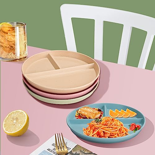 CSYY 9 Inch Divided Dinner Plates Sets, 4pcs Unbreakable Diet Plates Portion Control Divided Plates, Deep Picnic Plates Reusable Dishes Set Dessert Plates for Adult Children Kids, Microwave Safe