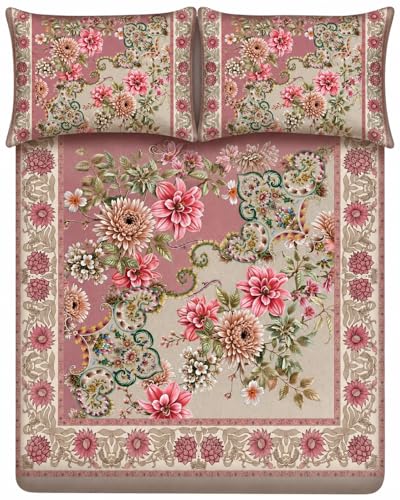 Image of 7D Digital Printed King Size Bedsheet | 240TC Premium Cotton Feel Microfiber with 2 Pillow Covers | Soft Breathable & Wrinkle Free Bedding Set | (PinkFloral, King Size-225x250CM)