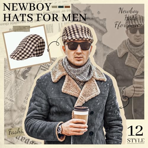 Image of Newcotte Newsboy Cap for Men Classic Herringbone Tweed Flat Cap Irish Beret Hat for Cabbie Driving Hunting